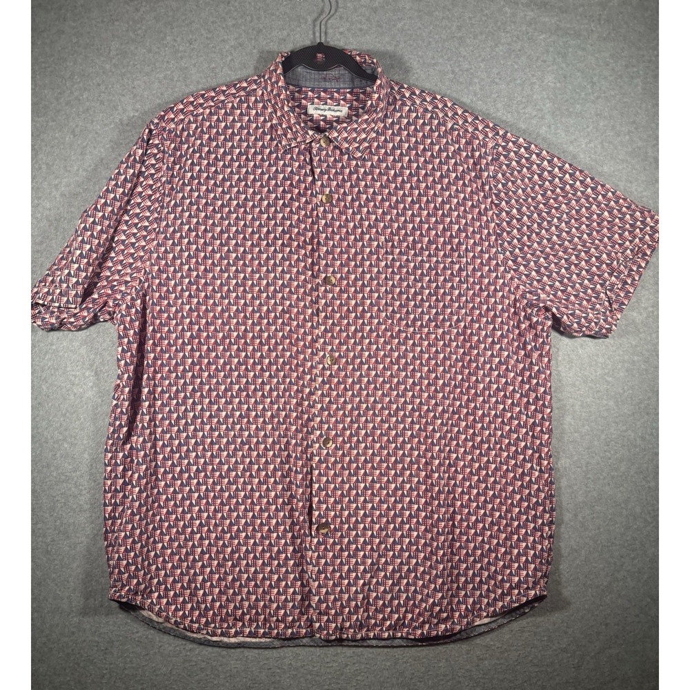 Tommy Bahama Geometric Silk Short Sleeve Button Up Shirt Mens XXL Red Blue